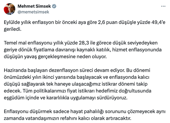 Bakan Şimşek enflasyon rakamlarını değerlendirdi! Tarih verdi: Tek haneye inecek… - Resim : 1