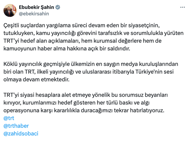 RTÜK Başkanı Ebubekir Şahin'den İmamoğlu'na tepki! ‘TRT'yi hedef alan açıklamalar…’ - Resim : 1