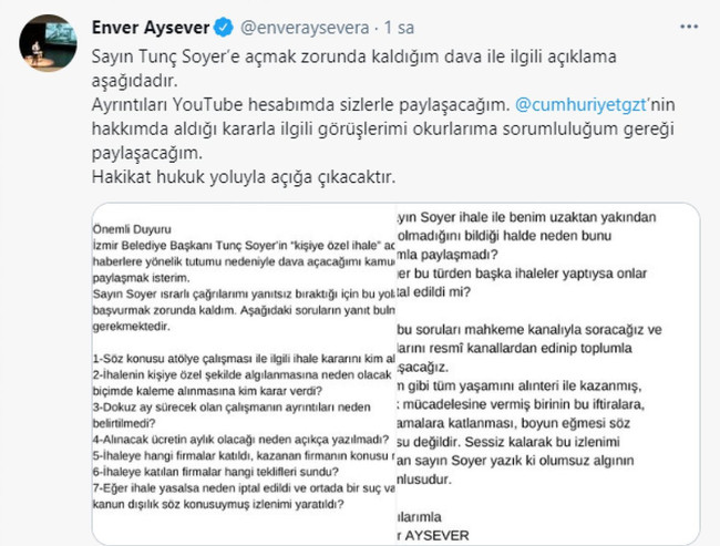 İhale tartışmasında ikinci perde! Enver Aysever Tunç Soyer'e dava açıyor! - Resim : 1