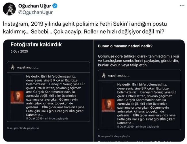 Instagram'dan Oğuzhan Uğur'a 'Şehit Fethi Sekin' sansürü! "Roller ne hızlı değişiyor..." - Resim : 1