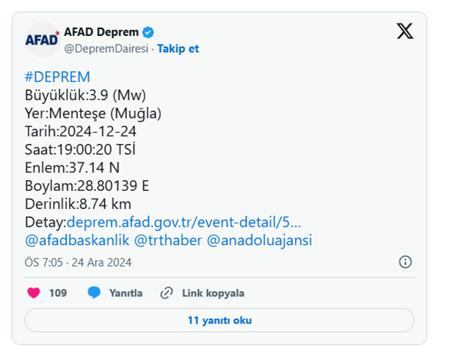 Muğla'da 3.9 büyüklüğünde korkutan deprem! AFAD duyurdu - Resim : 1