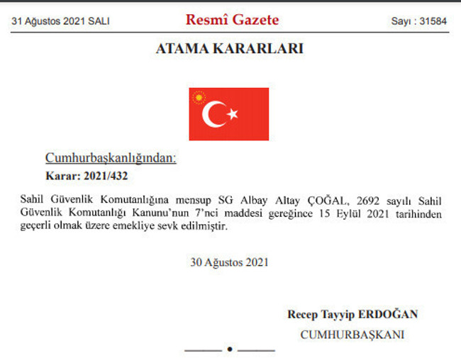 Resmi Gazete’de yayımlandı! Sahil Güvenlik Komutanlığı'na yeni atamalar - Resim : 1