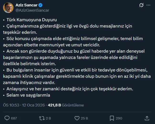 Aziz Sancar’dan kanserde çığır açan gelişme: Tümörler 23 günde yok edildi! - Resim : 1
