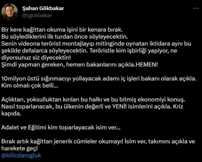 Şahan Gökbakar'dan Kemal Kılıçdaroğlu'na sert sözler: "Hemen bakanlarını açıkla..." - Resim : 1