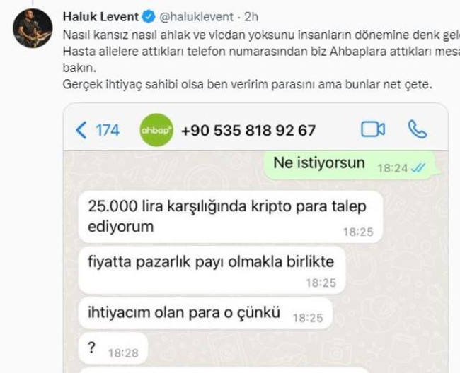 Haluk Levent "AHBAP'ın hesabı çalındı" diyerek istenilen fidye miktarını paylaştı - Resim : 2