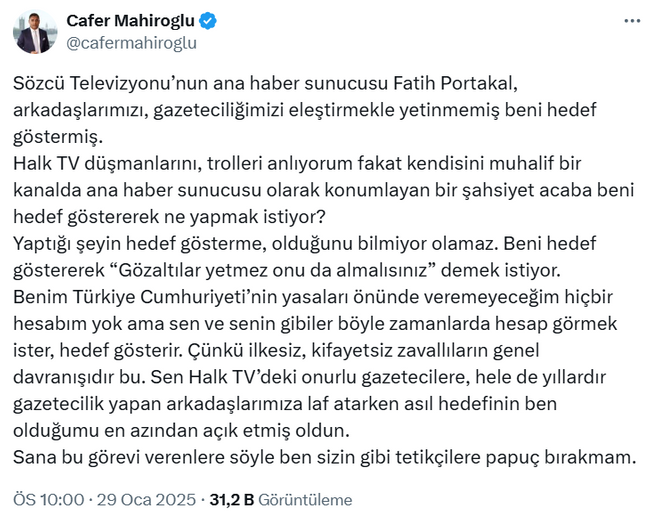 Fatih Portakal'ın hedef gösterdiği Cafer Mahiroğlu: "Sizin gibi tetikçilere pabuç bırakmam" - Resim : 1