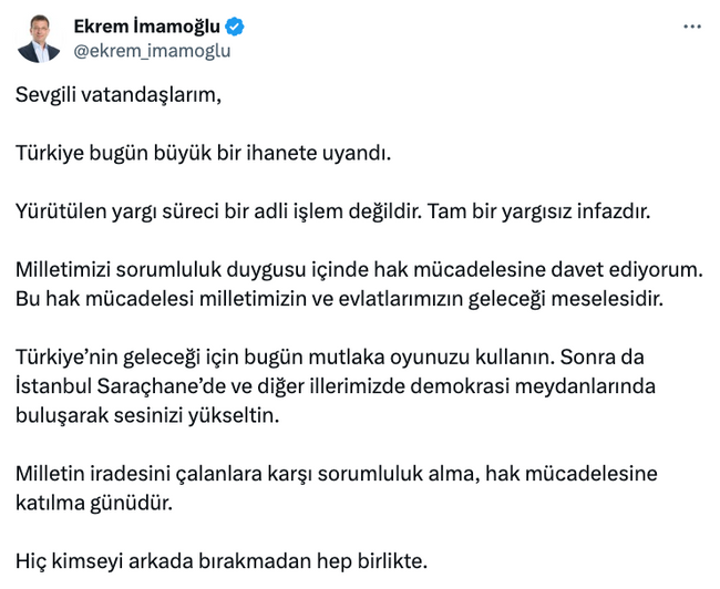 Ekrem İmamoğlu'ndan yeni paylaşım geldi! 'Türkiye’nin geleceği için...' - Resim : 1