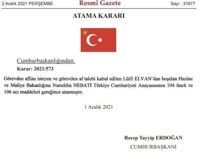 Resmi Gazete'de yayımlandı! Hazine ve Maliye Bakanı Lütfi Elvan istifa etti - Resim : 1