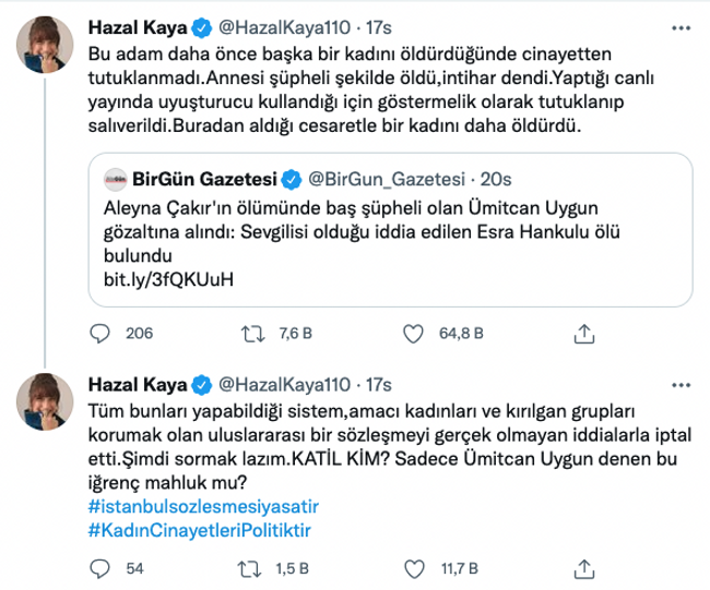 Hazal Kaya’dan ‘Ümitcan Uygun’ paylaşımı! ‘Şimdi sormak lazım, katil kim?’ - Resim : 1