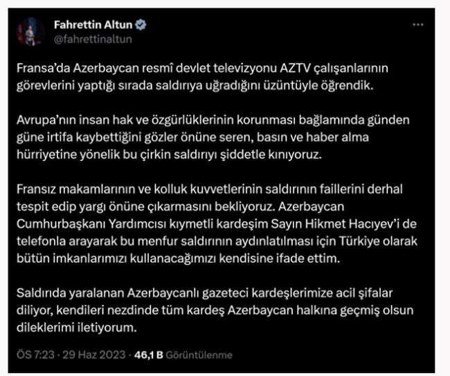 Fransa'da Azerbaycanlı gazetecilere saldırıya Türkiye'den kınama! - Resim : 1