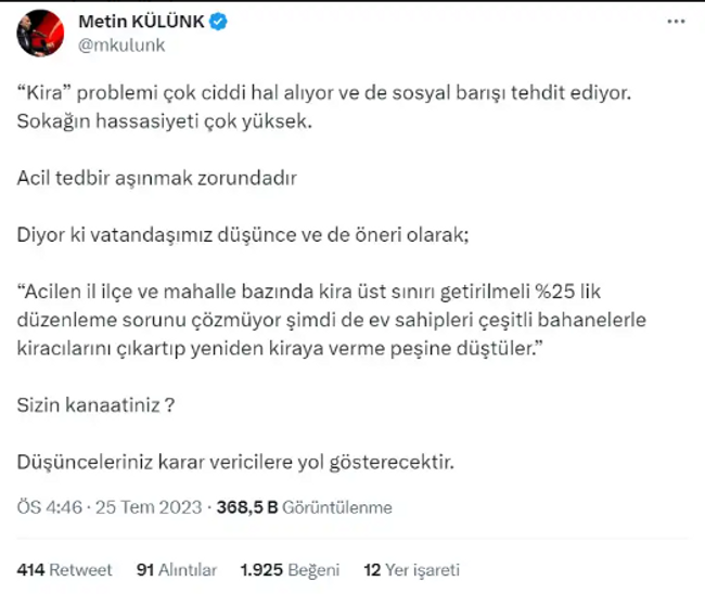 AK Parti'li Metin Külünk kira fiyatlarına isyan etti! "Acil tedbir alınmak zorundadır" - Resim : 1