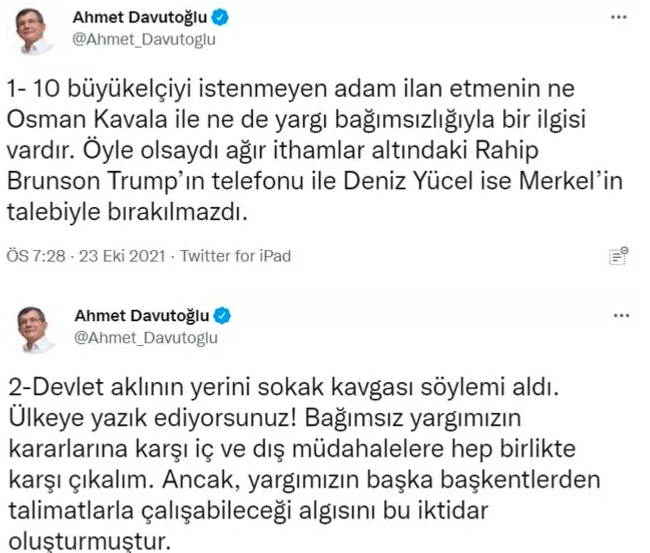 Erdoğan'ın 10 büyükelçi talimatına Davutoğlu'ndan tepki! "Tarihimizin en büyük diplomatik krizi" - Resim : 2