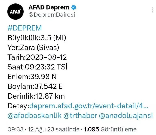 Sivas Zara'da 3.5 büyüklüğünde deprem - Resim : 1