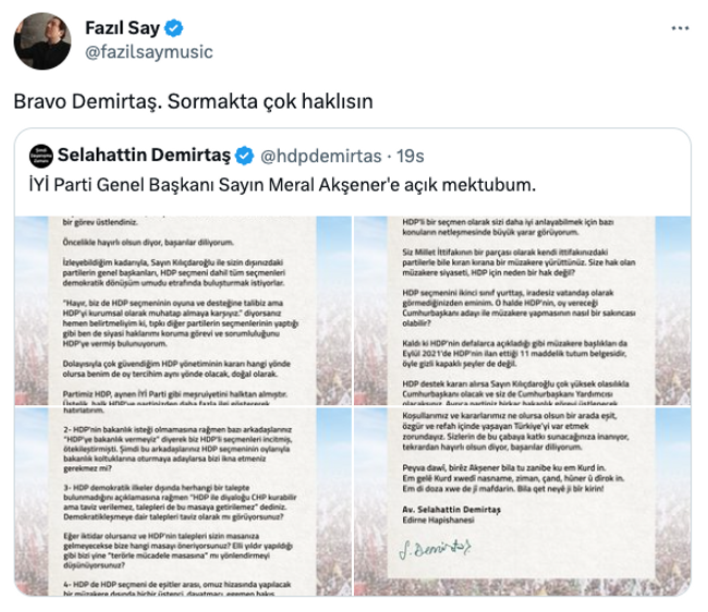 Fazıl Say Selahattin Demirtaş’a destek çıktı! ‘Çok haklısın, bravo!..’ - Resim : 1