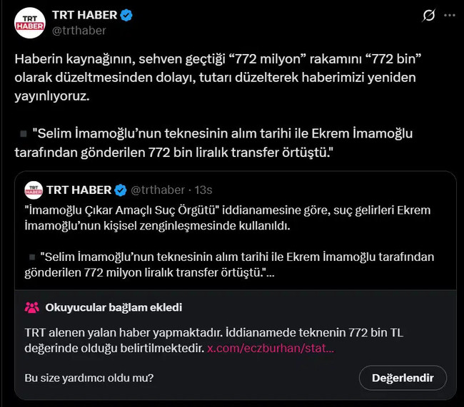 İBB iddianamesi haberinde 1000 katlık hata: Anadolu Ajansı düzeltme geçti, TRT tweeti silmedi - Resim : 3