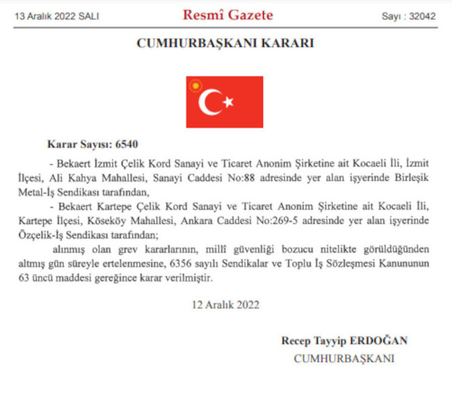 Erdoğan iki fabrikada grev erteledi! ‘Milli güvenliği bozucu nitelikte…’ - Resim : 1