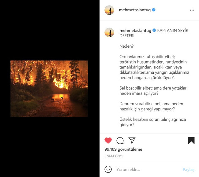 Mehmet Aslantuğ'dan 'yangın' paylaşımı: 'Hesap soran bilinç neden ağırınıza gidiyor?' - Resim : 1