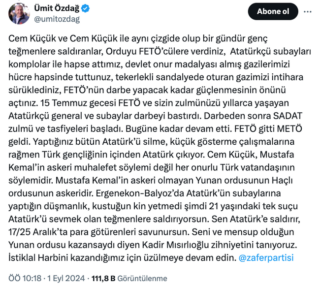 Ümit Özdağ'dan Cem Küçük'e zehir zemberek yanıt! 'Tek suçu Atatürk’ü sevmek olan teğmenlere…' - Resim : 2