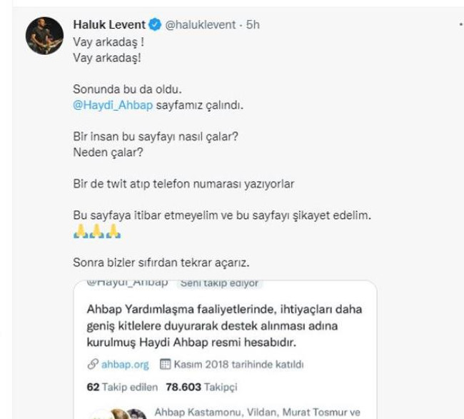 Haluk Levent "AHBAP'ın hesabı çalındı" diyerek istenilen fidye miktarını paylaştı - Resim : 1