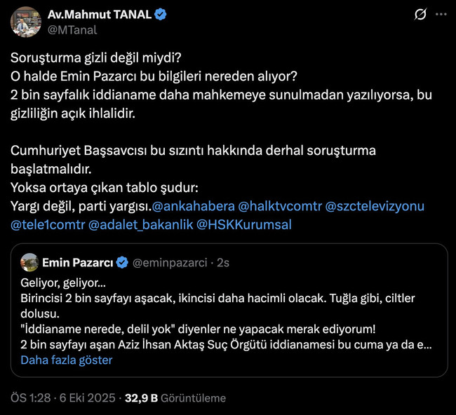 Akşam yazarı sızdırdı CHP'li Tanal isyan etti: Soruşturma gizli değil miydi? - Resim : 1