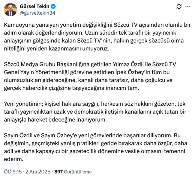 Gürsel Tekin’den Sözcü TV ve değişim çıkışı! ‘Olumlu bir adım olarak değerlendiriyorum…’ - Resim : 4