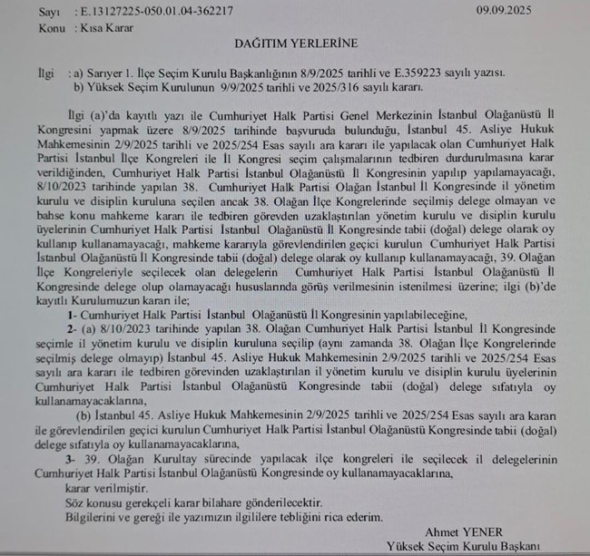 YSK'dan flaş 'CHP İstanbul Olağanüstü İl Kongresi' kararı! - Resim : 1