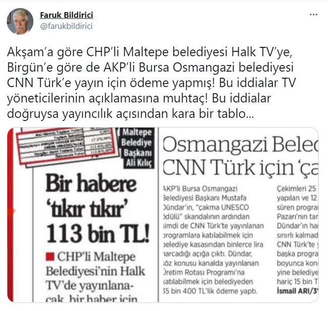 Faruk Bildirici'den Halk TV ve CNN Türk'e: Bu iddialar doğruysa yayıncılık açısından kara bir tablo - Resim : 1