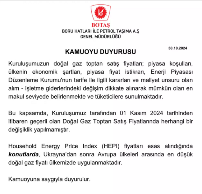 BOTAŞ açıkladı! Kasım ayı doğal gaz fiyatları belli oldu - Resim : 1