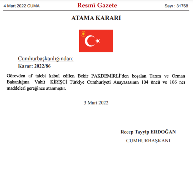 Tarım ve Orman Bakanı Bekir Pakdemirli görevden ‘affını’ istedi! İşte yerine atanan isim… - Resim : 1