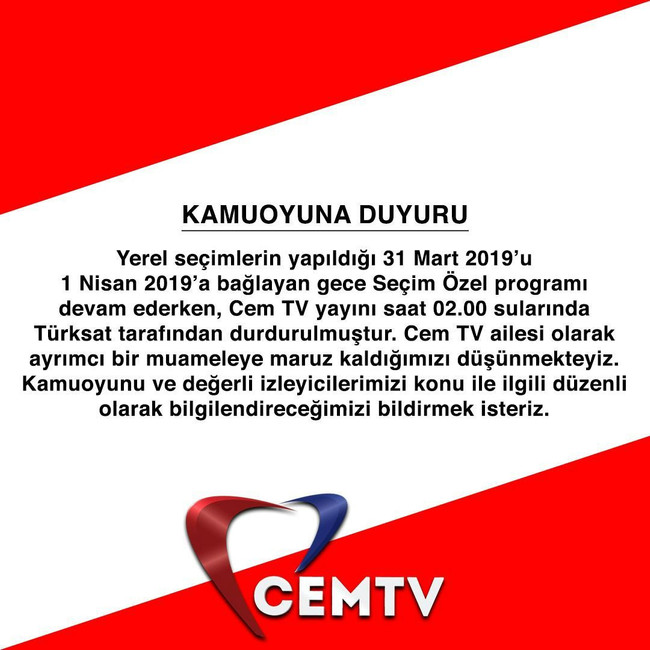 Seçim gecesi yayını durdurulan Cem TV'den açıklama! - Resim : 1