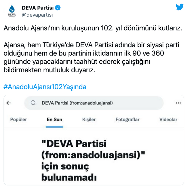 DEVA Partisi'nden Anadolu Ajansı'na tepki: Kuruluş yıldönümünü bu sözlerle kutladı - Resim : 1
