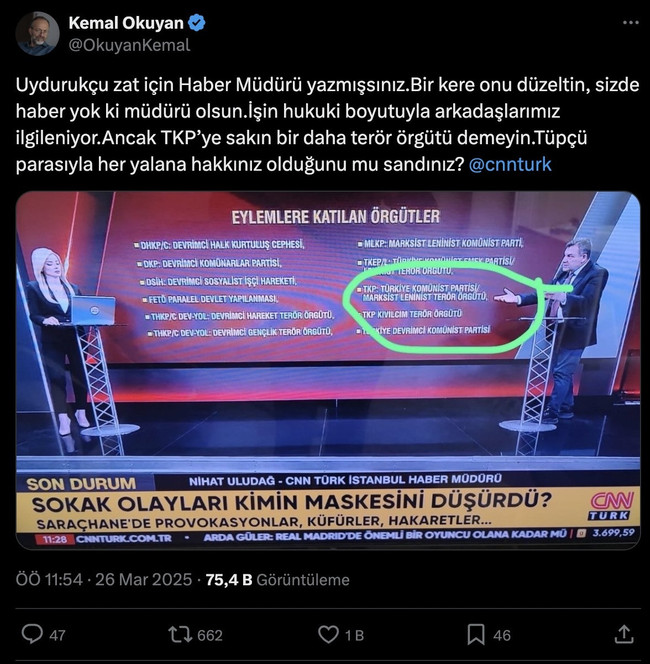 CNN Türk TKP'ye 'terör örgütü' dedi, Kemal Okuyan tepki gösterdi: Sizde haber yok ki müdürü olsun - Resim : 1