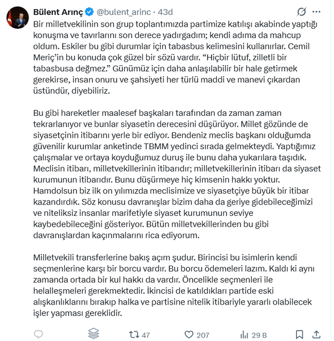 B&uuml;lent Arın&ccedil;&rsquo;tan milletvekili transferlerine rest: "Hi&ccedil;bir l&uuml;tuf zillete değmez" - Resim : 1