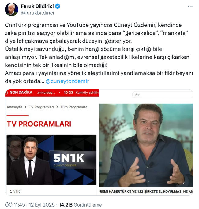 Faruk Bildirici Cüneyt Özdemir’i topa tuttu: 'Kendince zekâ pırıltısı saçıyor ama…' - Resim : 1