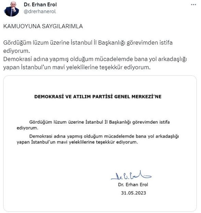 DEVA Partisi İstanbul İl Başkanı Erhan Erol istifa etti - Resim : 1
