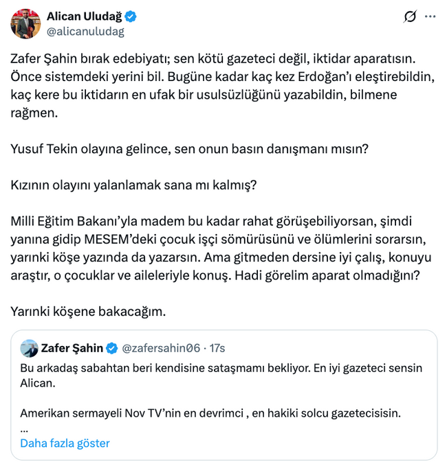Zafer Şahin ile Alican Uludağ birbirine girdi! &lsquo;Bırak edebiyatı, sen iktidar aparatısın&hellip;&rsquo; - Resim : 5