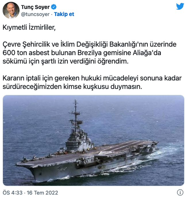 Brezilya’nın asbestli gemisi Aliağa’da sökülecek! Tunç Soyer’den Bakanlığın verdiği izne sert tepki… - Resim : 1