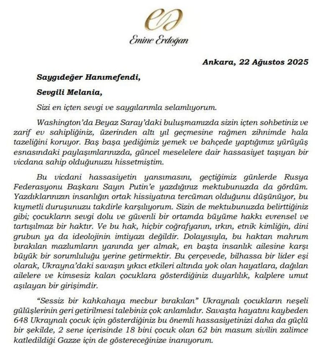 Emine Erdoğan'dan Melania Trump'a mektup! Çağrıda bulundu… - Resim : 1