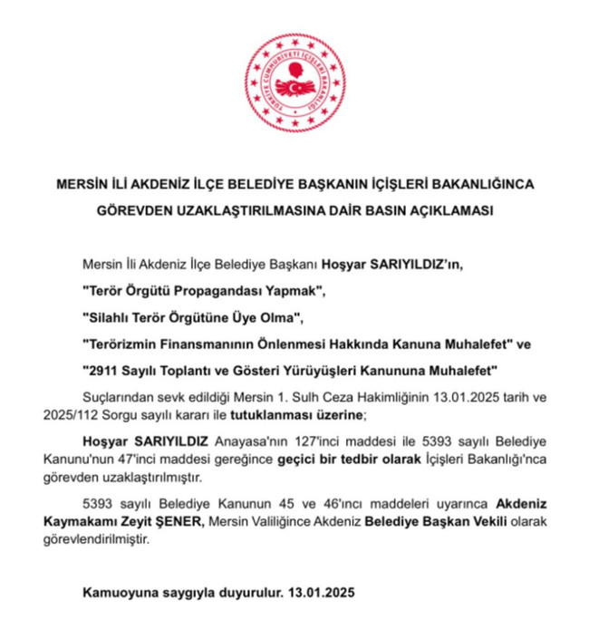 İçişleri Bakanlığı duyurdu: Akdeniz Belediyesi'ne kayyum atandı! 5 kişi tutuklanmıştı… - Resim : 1