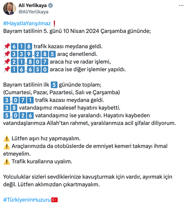 Bayram tatilinin 5 günlük acı bilançosu! İçişleri Bakanı Ali Yerlikaya paylaştı… - Resim : 1
