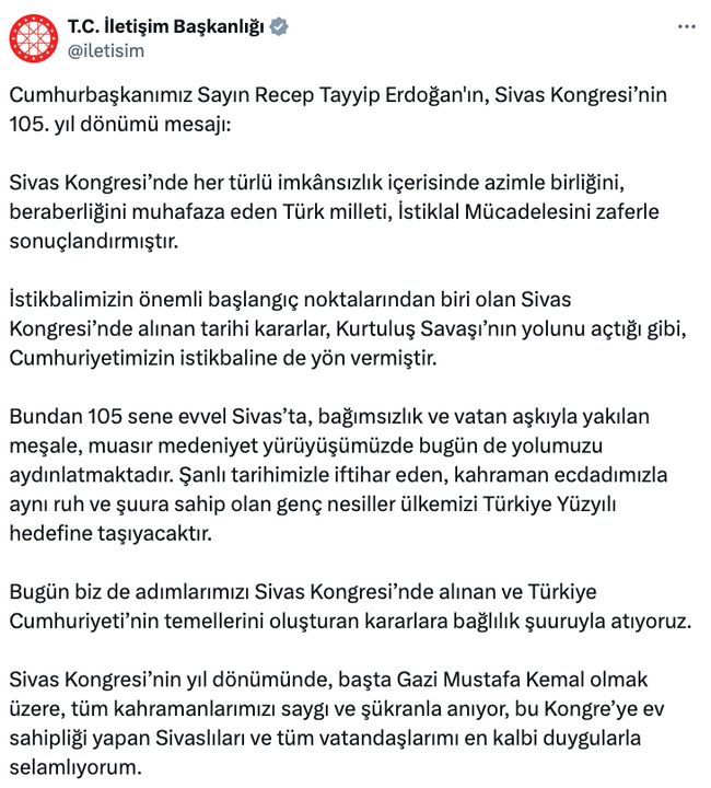Erdoğan'dan 'Sivas Kongresi' mesajı! - Resim : 1