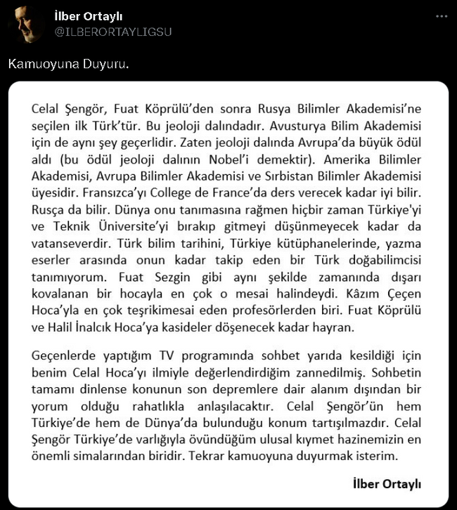 İlber Ortaylı 'Celal Şengör' sözlerine açıklık getirdi: "Sohbet yarıda kesildiği için..." - Resim : 1