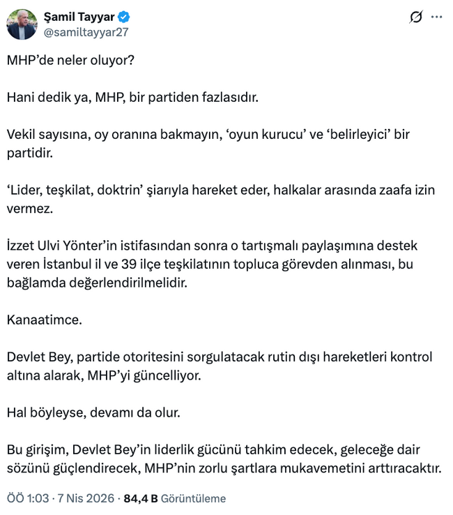 Şamil Tayyar'dan MHP'ye dair &ccedil;arpıcı değerlendirme! &lsquo;Hal b&ouml;yleyse, devamı da olur&hellip;&rsquo; - Resim : 1