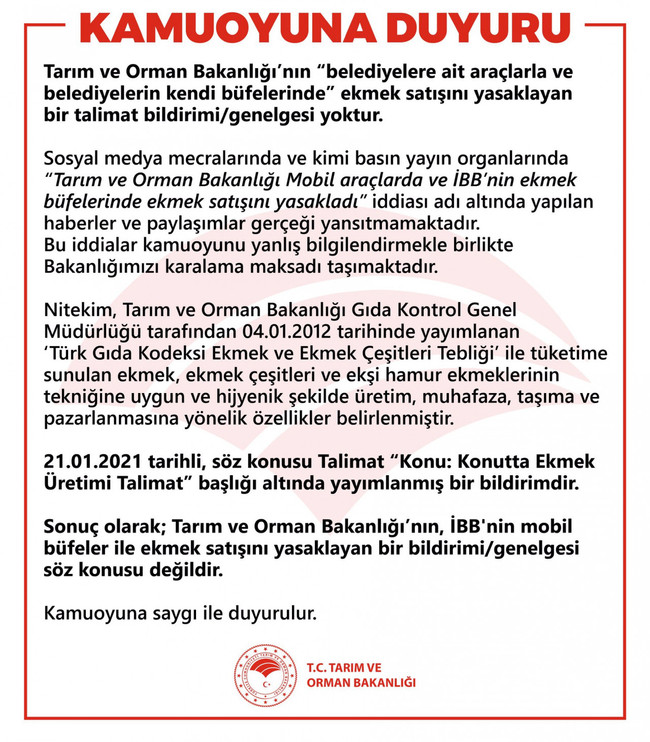 İBB’nin mobil büfeler ile ekmek satışı yasaklandı mı? Tarım ve Orman Bakanlığı’ndan açıklama - Resim : 1