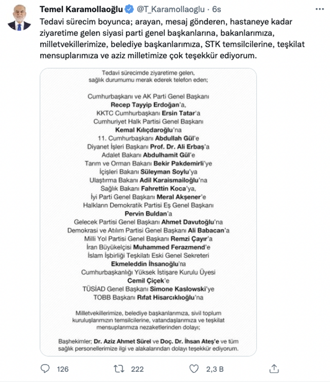 Koronavirüse yakalanmıştı... Temel Karamollaoğlu'na "geçmiş olsun" demeyen lider kim? - Resim : 1