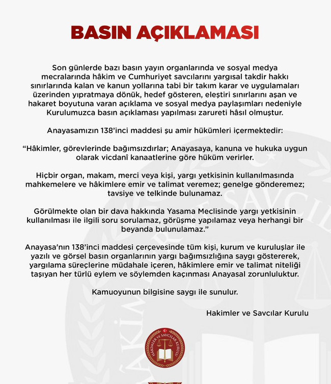 HSK’den Gülşen tepkileri ardından açıklama! "Yargı bağımsızlığına saygı gösterin" - Resim : 1