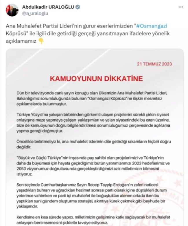 Bakan Uraloğlu'ndan 'Osmangazi Köprüsü' tepkisİ - Resim : 1