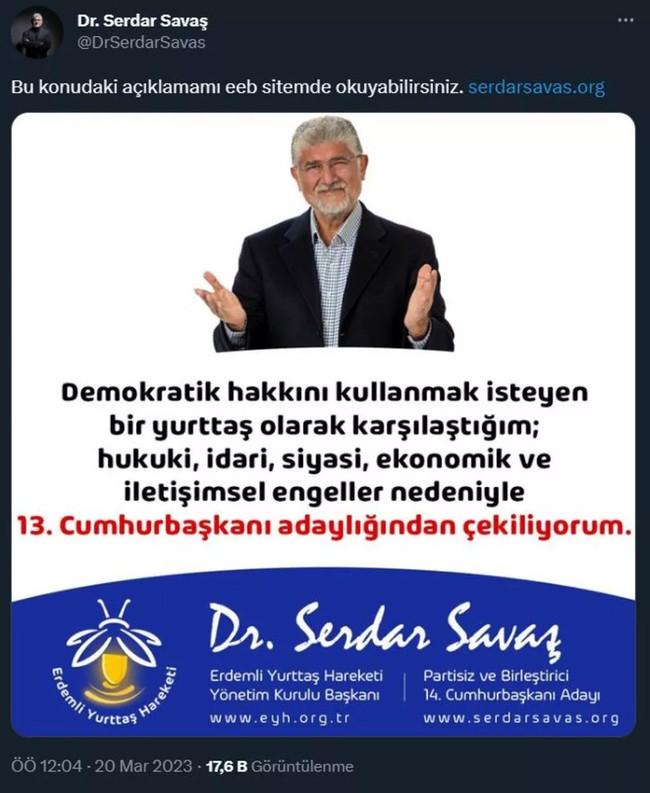 Serdar Savaş cumhurbaşkanlığı adaylığından çekildi - Resim : 1