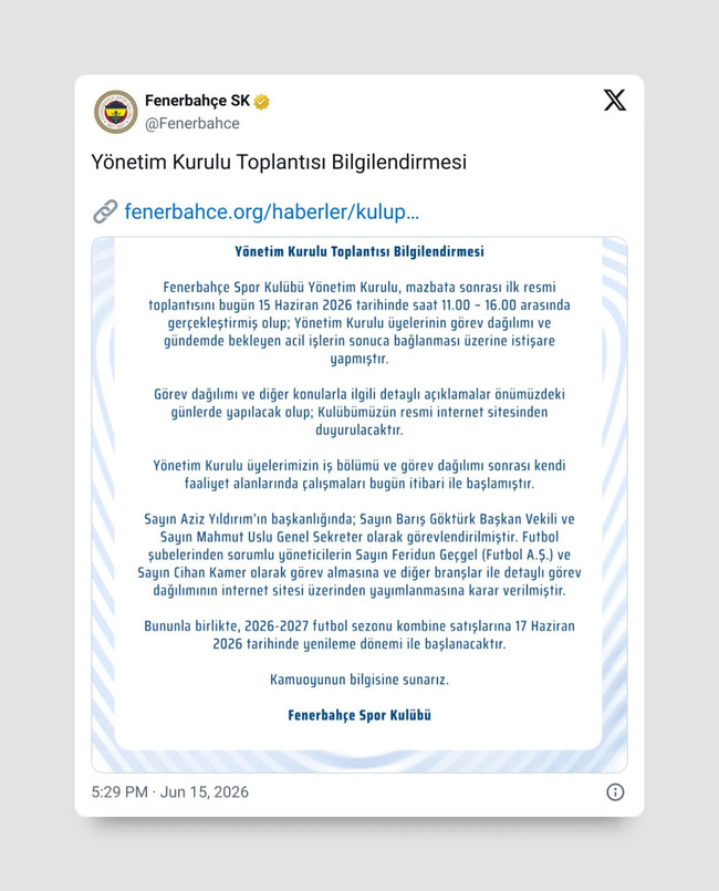 Fenerbahçe’de görev dağılımı netleşti! Yönetimde yeni dönem başladı - Resim : 1