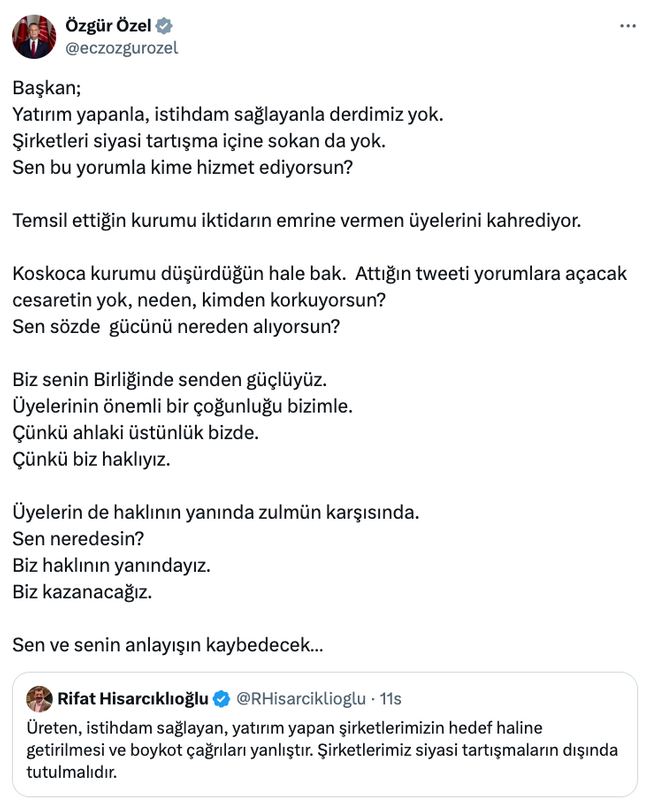 Özgür Özel'den TOBB Başkanı'na 'boykot' yanıtı! 'Koskoca kurumu düşürdüğün hale bak…' - Resim : 1